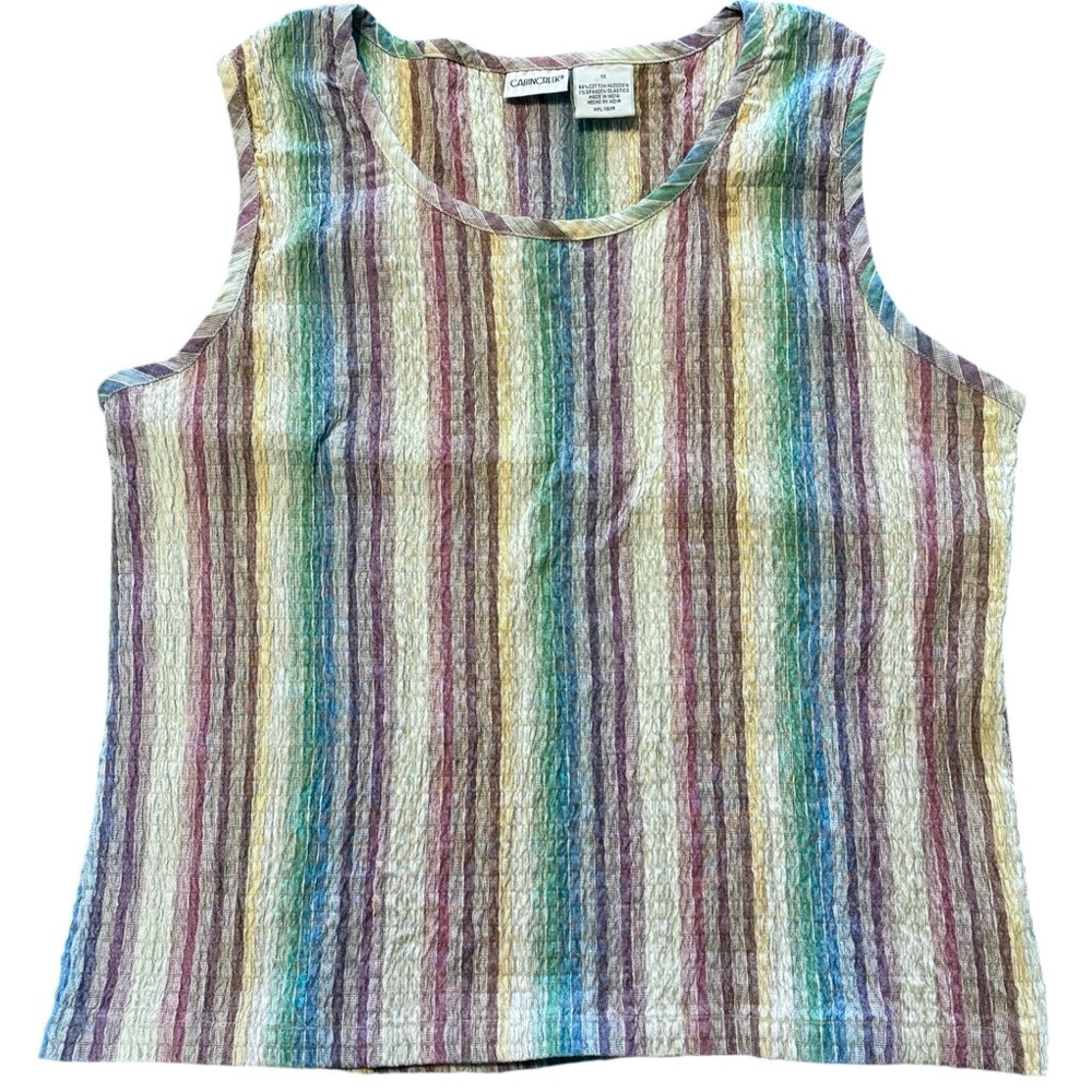 Vintage Cabin Creek seersucker tank top, muted multicolor stripe, 1X